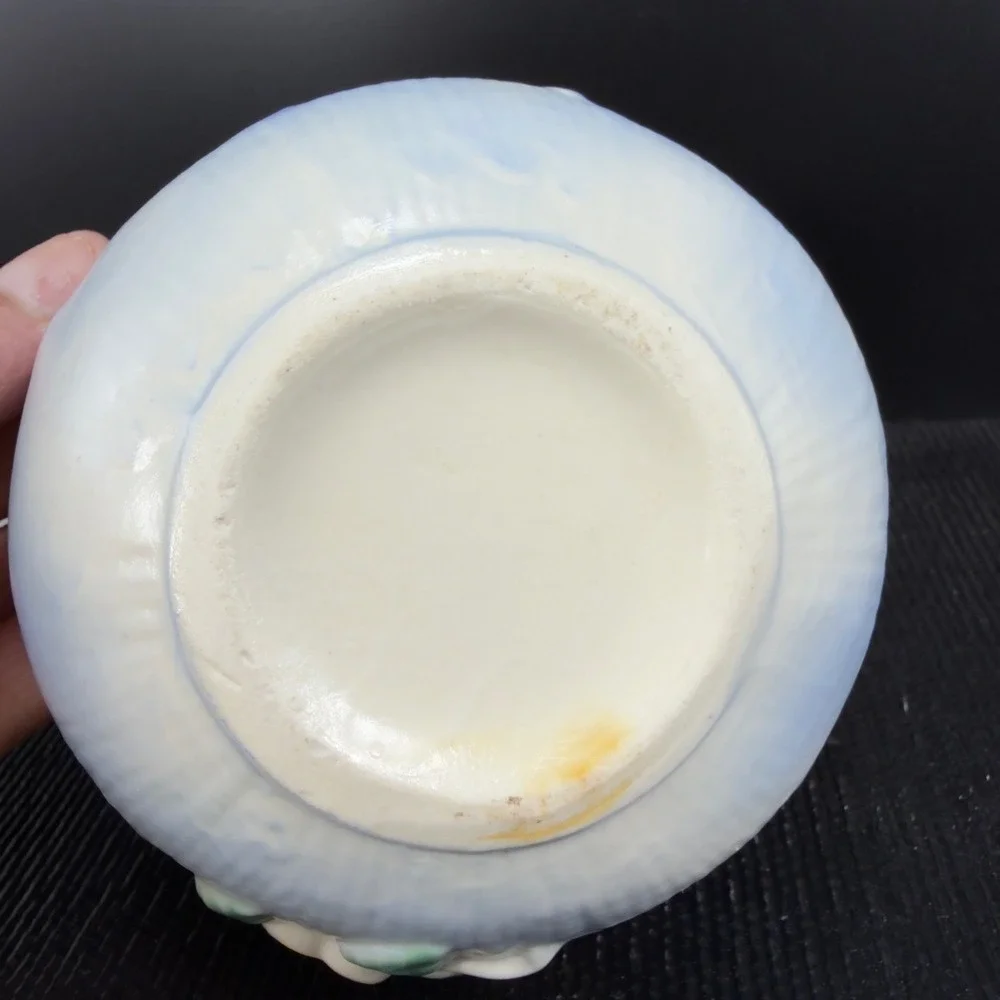 Vintage Pottery Flower Planter Blue‎ White Yellow Rose Relief Double Handle Pot